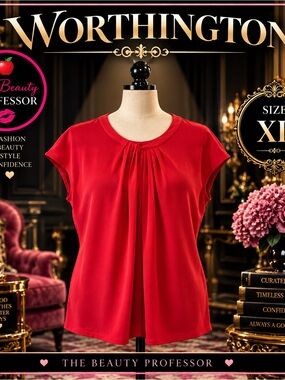 💕Worthington XL Coral Pleated Neck Gold Zip Short Sleeve Blouse